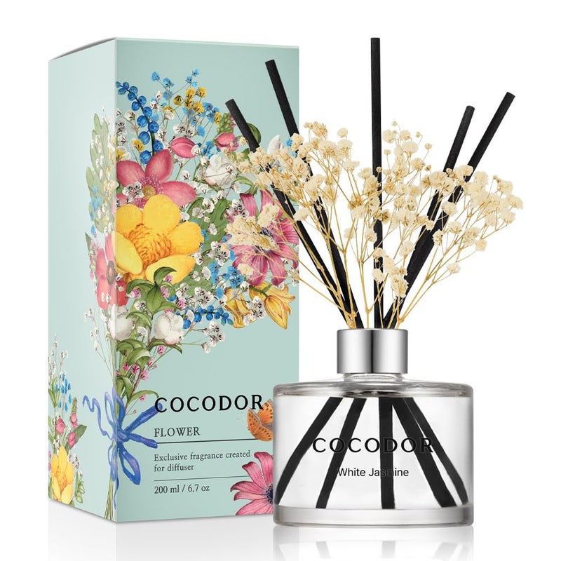 COCODOR Flower Reed Diffuser Set / 6.7oz / White Jasmine/Scent Diffuser with Sticks Home Fragrance Reed Diffuser for Bathroom Shelf Decor - Image 1
